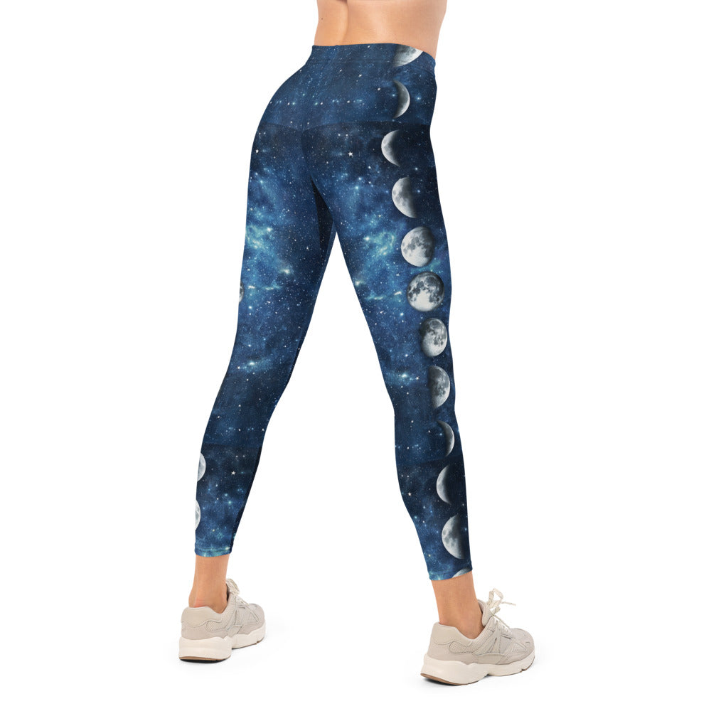 Personalisierte Damen Sportleggings Galaxy Design Blau Schwarz Weltraum Muster Fitness Leggings Mondphasen K921