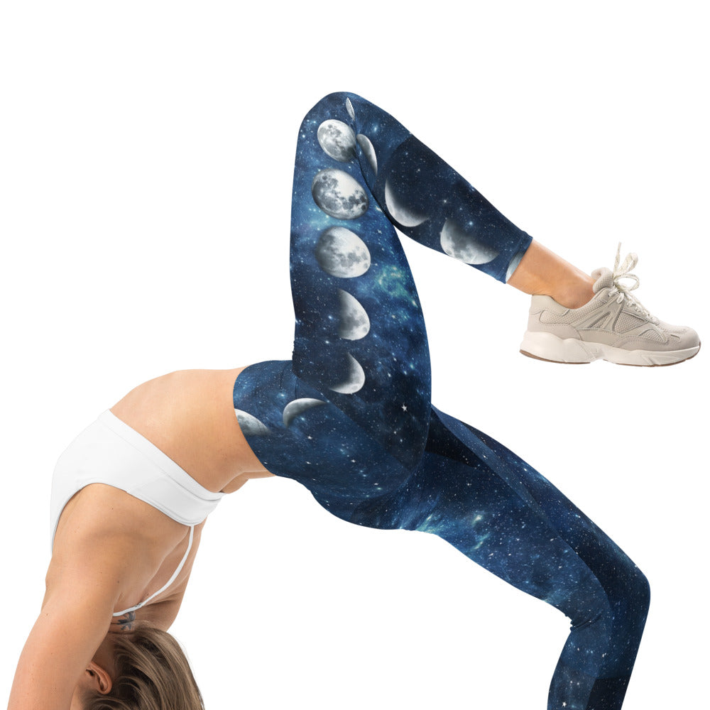 Personalisierte Damen Sportleggings Galaxy Design Blau Schwarz Weltraum Muster Fitness Leggings Mondphasen K921