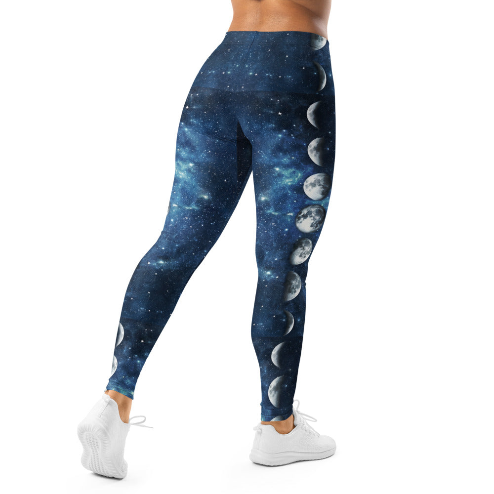 Personalisierte Damen Sportleggings Galaxy Design Blau Schwarz Weltraum Muster Fitness Leggings Mondphasen K921