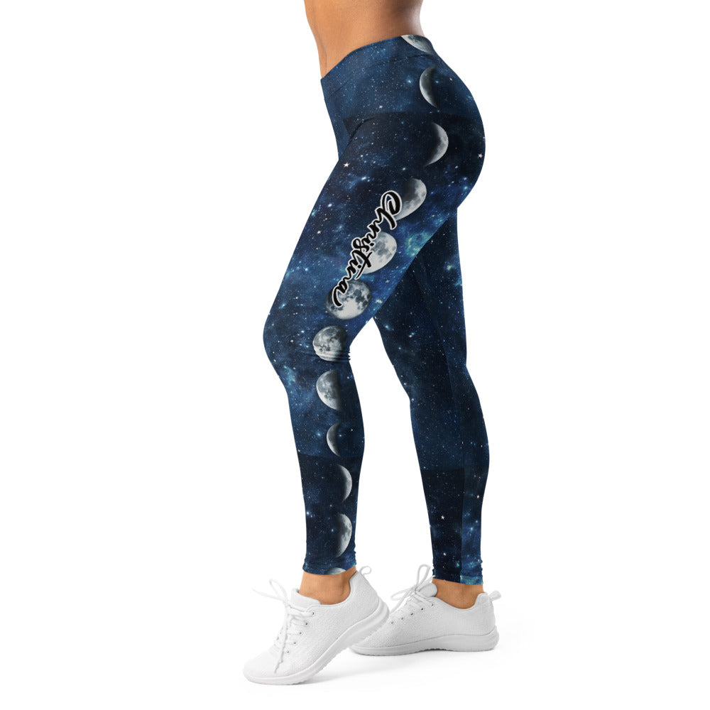 Personalisierte Damen Sportleggings Galaxy Design Blau Schwarz Weltraum Muster Fitness Leggings Mondphasen K921