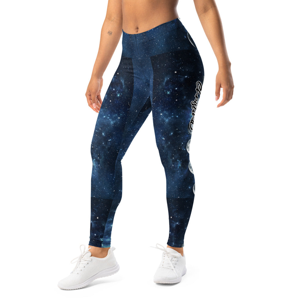 Personalisierte Damen Sportleggings Galaxy Design Blau Schwarz Weltraum Muster Fitness Leggings Mondphasen K921