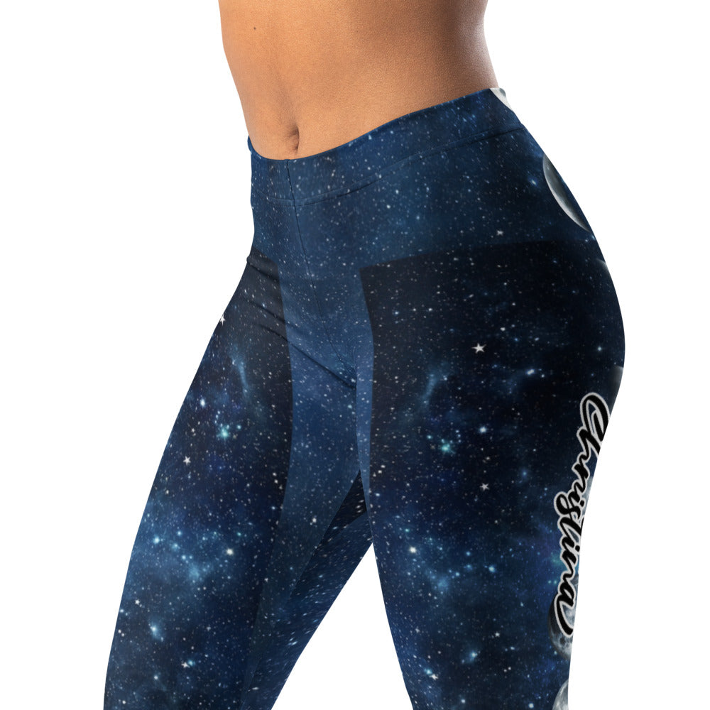 Personalisierte Damen Sportleggings Galaxy Design Blau Schwarz Weltraum Muster Fitness Leggings Mondphasen K921