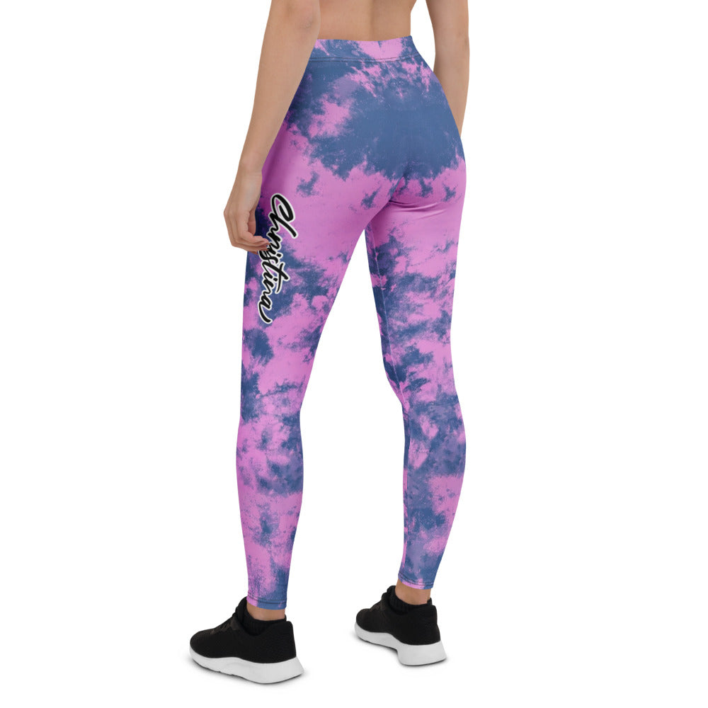 Personalisierte Damen Sportleggings Pink Blau Tie-Dye Muster Fitnesshose Yoga Leggings Batik Optik H672