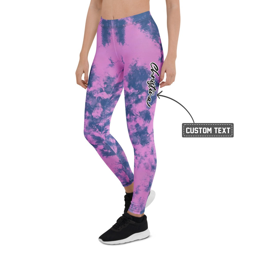Personalisierte Damen Sportleggings Pink Blau Tie-Dye Muster Fitnesshose Yoga Leggings Batik Optik H672 - XL