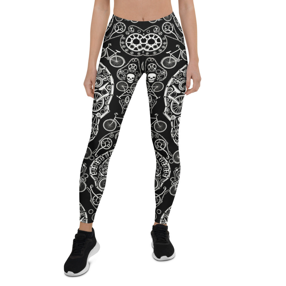 Personalisierte Damen Sportleggings Fahrrad Totenkopf Design Schwarz Weiß Fitness Yoga Leggings N867