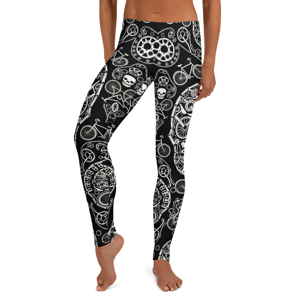 Personalisierte Damen Sportleggings Fahrrad Totenkopf Design Schwarz Weiß Fitness Yoga Leggings N867