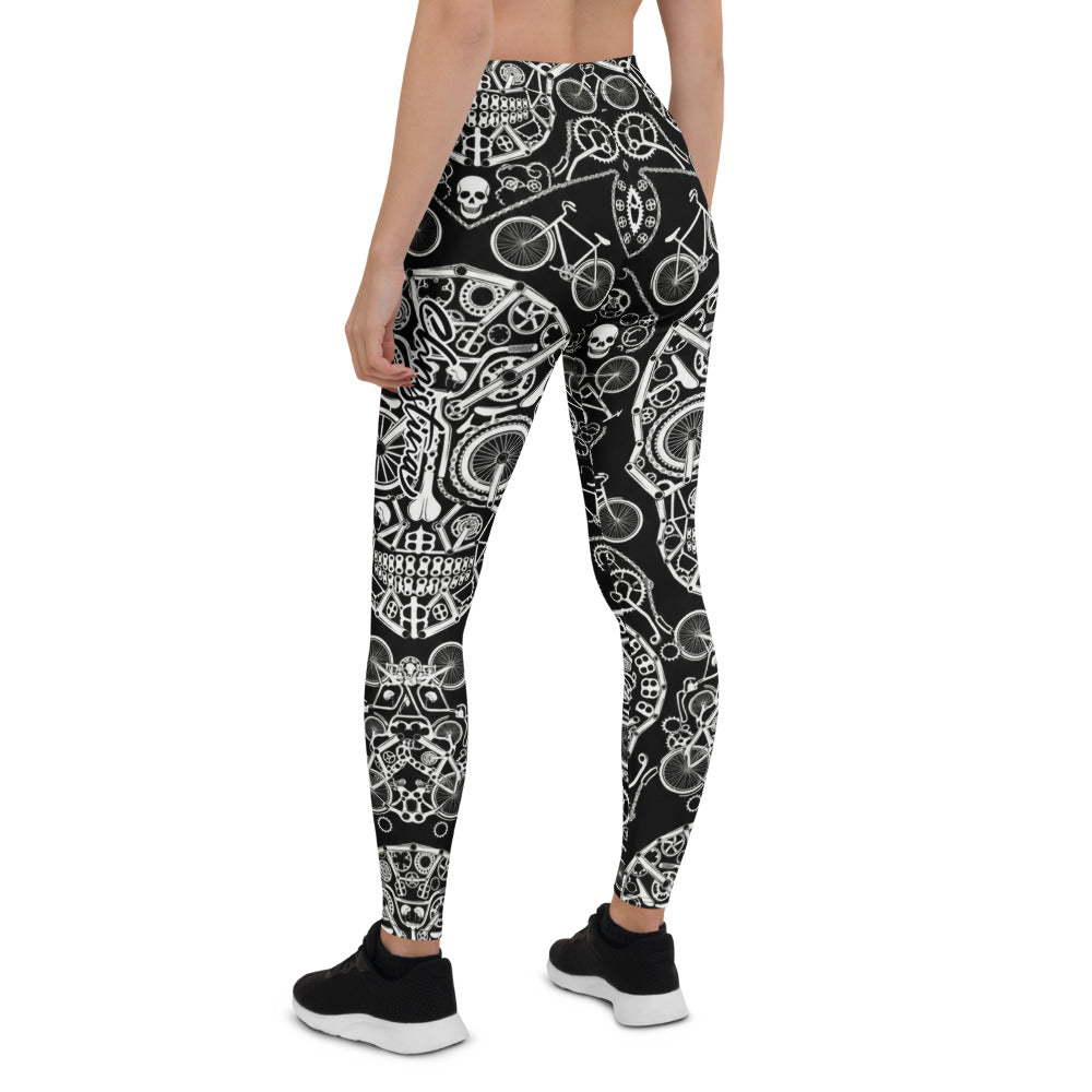 Personalisierte Damen Sportleggings Fahrrad Totenkopf Design Schwarz Weiß Fitness Yoga Leggings N867