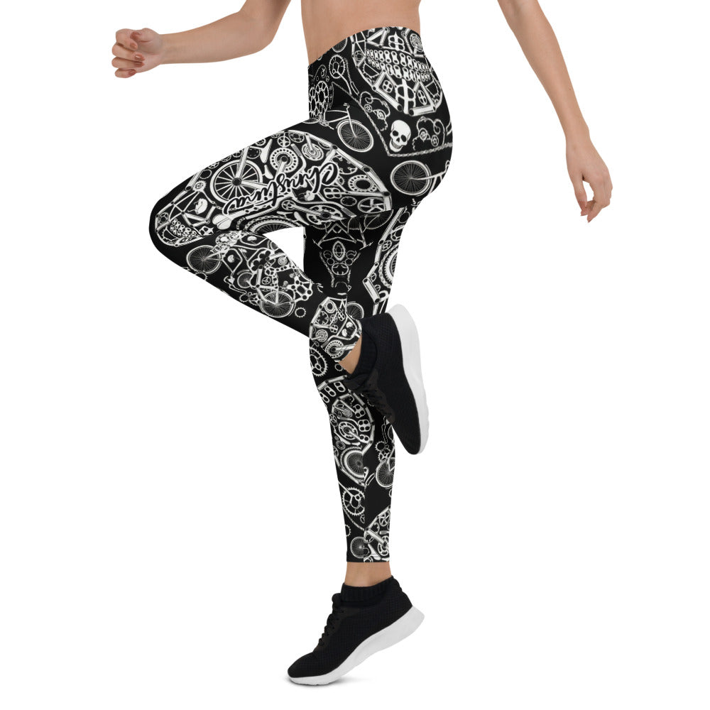 Personalisierte Damen Sportleggings Fahrrad Totenkopf Design Schwarz Weiß Fitness Yoga Leggings N867