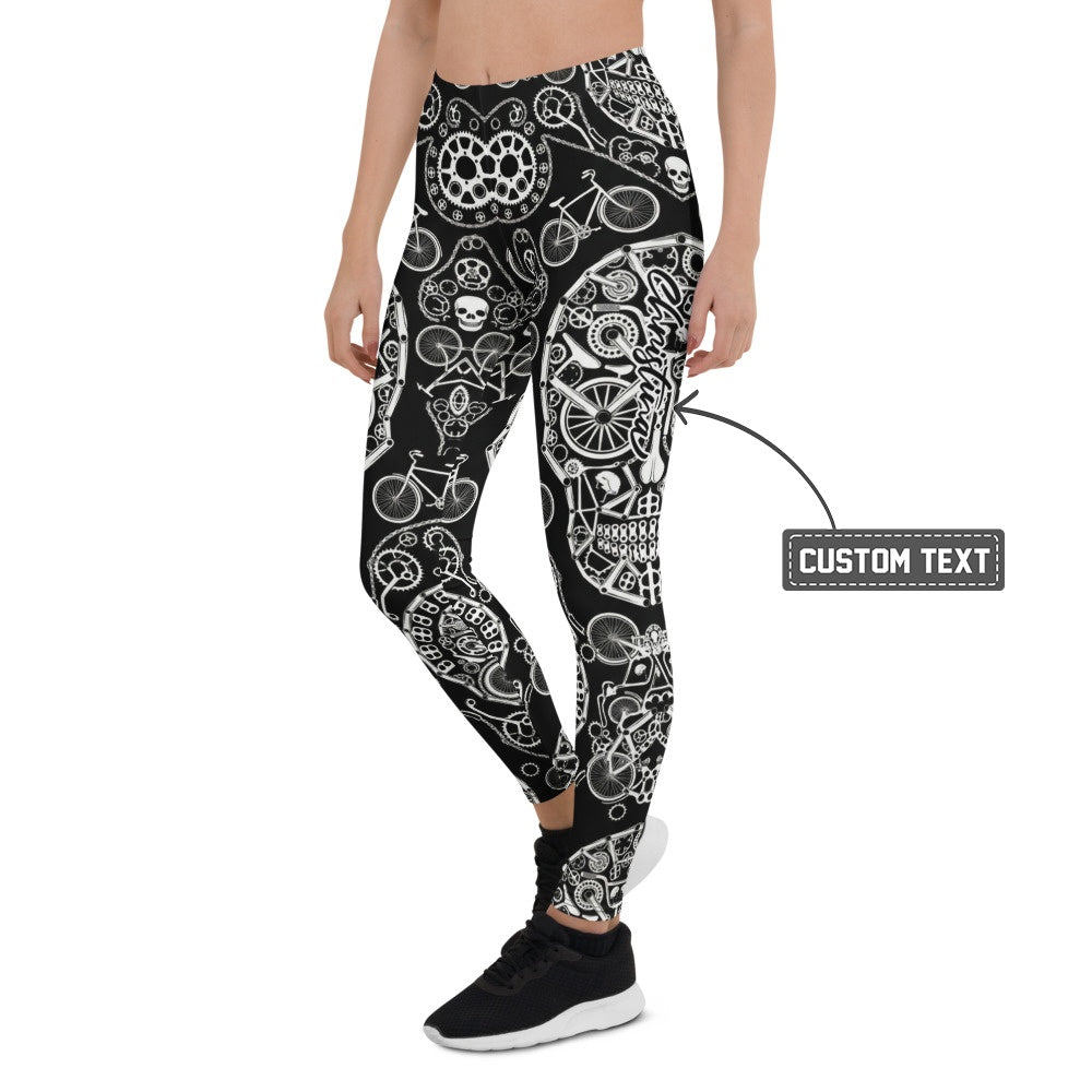 Personalisierte Damen Sportleggings Fahrrad Totenkopf Design Schwarz Weiß Fitness Yoga Leggings N867 - XL