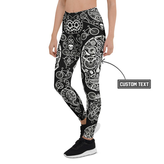 Personalisierte Damen Sportleggings Fahrrad Totenkopf Design Schwarz Weiß Fitness Yoga Leggings N867 - XL