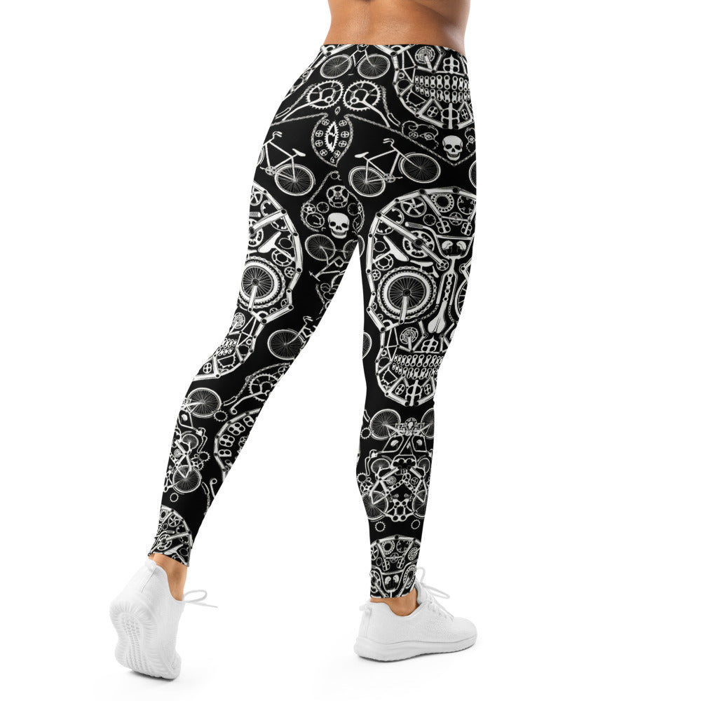 Personalisierte Damen Sportleggings Fahrrad Totenkopf Design Schwarz Weiß Fitness Yoga Leggings N867