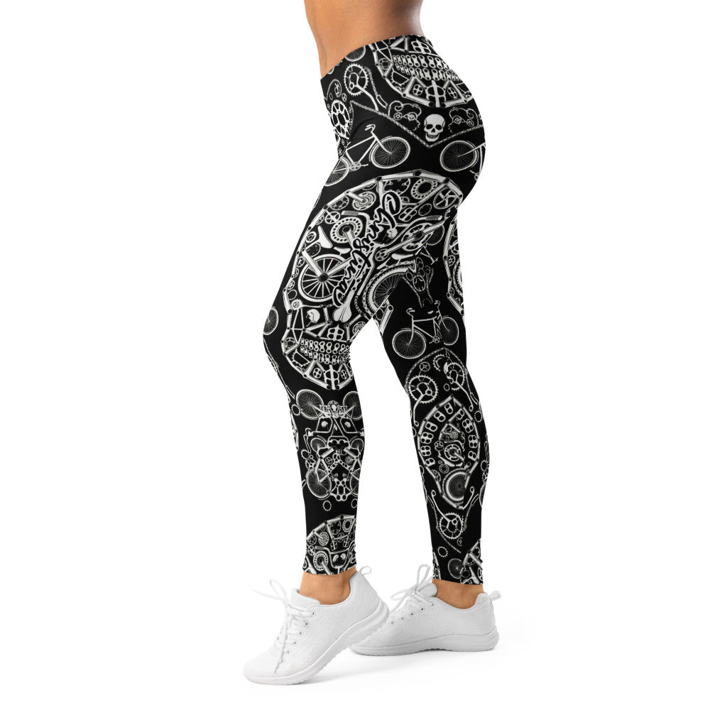 Personalisierte Damen Sportleggings Fahrrad Totenkopf Design Schwarz Weiß Fitness Yoga Leggings N867
