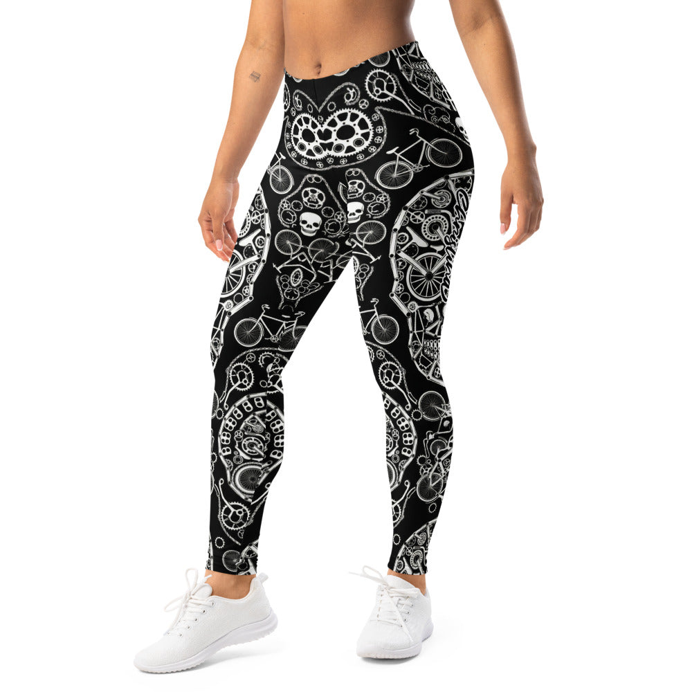 Personalisierte Damen Sportleggings Fahrrad Totenkopf Design Schwarz Weiß Fitness Yoga Leggings N867