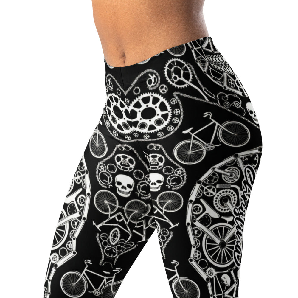 Personalisierte Damen Sportleggings Fahrrad Totenkopf Design Schwarz Weiß Fitness Yoga Leggings N867