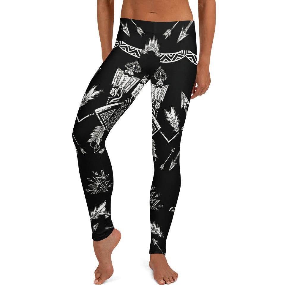 Personalisierte Damen Sportleggings Schwarz Weiß Ethno Muster Pfeile Federn Fitness Yoga Leggings C706