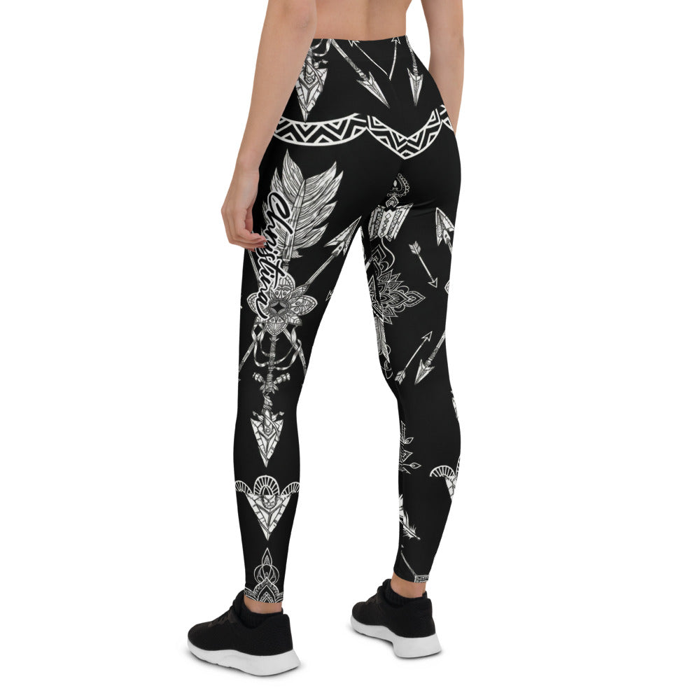 Personalisierte Damen Sportleggings Schwarz Weiß Ethno Muster Pfeile Federn Fitness Yoga Leggings C706