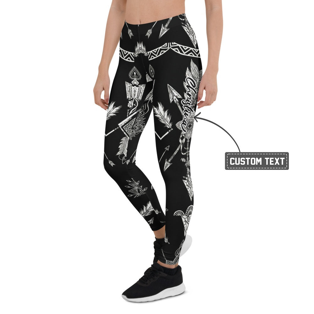 Personalisierte Damen Sportleggings Schwarz Weiß Ethno Muster Pfeile Federn Fitness Yoga Leggings C706 - XL
