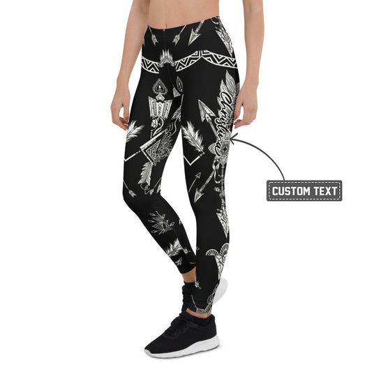 Personalisierte Damen Sportleggings Schwarz Weiß Ethno Muster Pfeile Federn Fitness Yoga Leggings C706 - XL