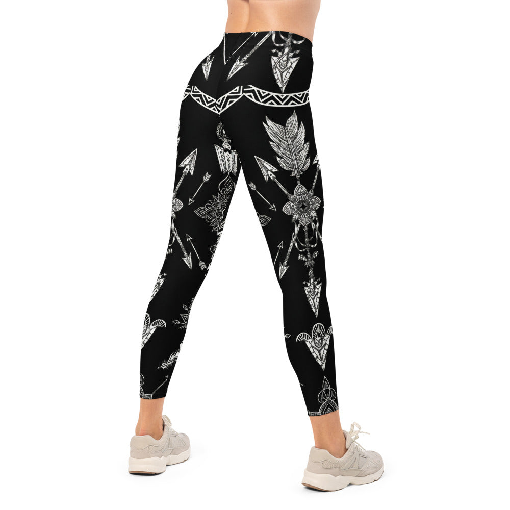 Personalisierte Damen Sportleggings Schwarz Weiß Ethno Muster Pfeile Federn Fitness Yoga Leggings C706