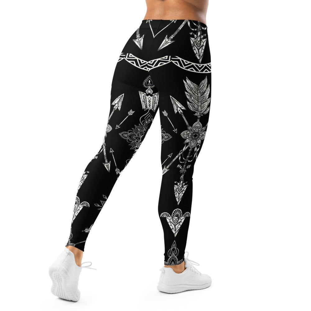 Personalisierte Damen Sportleggings Schwarz Weiß Ethno Muster Pfeile Federn Fitness Yoga Leggings C706