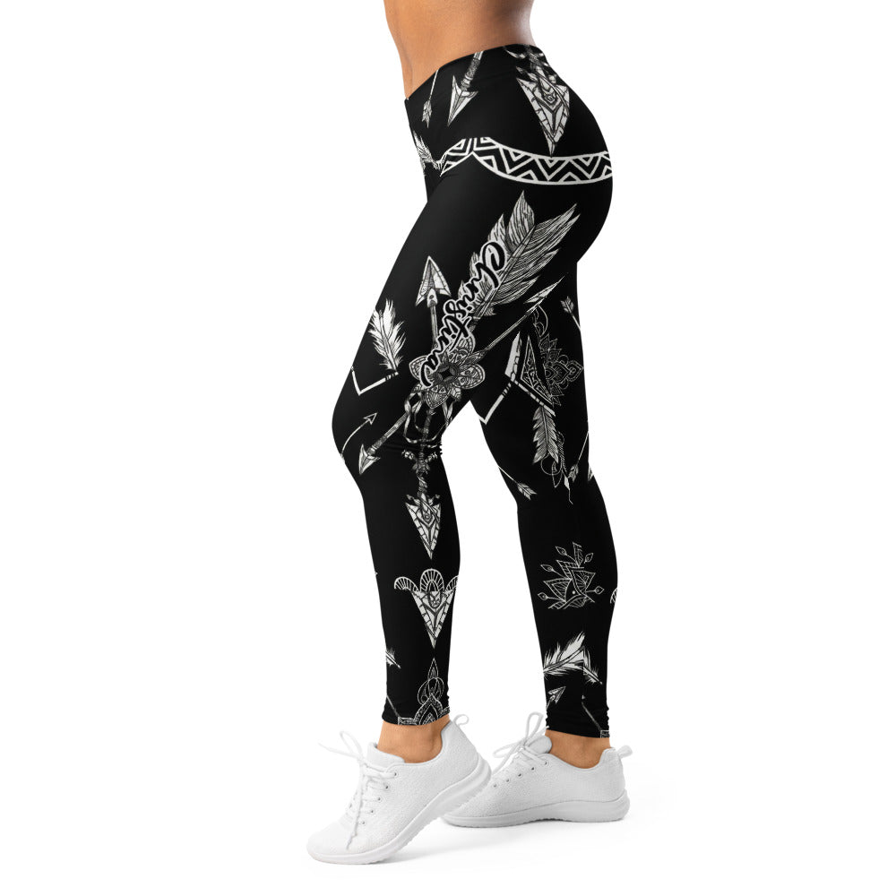 Personalisierte Damen Sportleggings Schwarz Weiß Ethno Muster Pfeile Federn Fitness Yoga Leggings C706