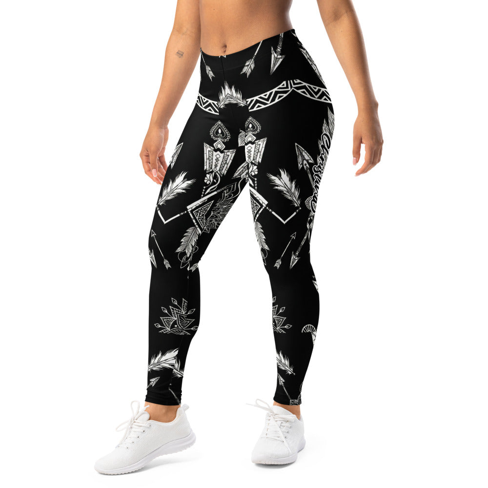 Personalisierte Damen Sportleggings Schwarz Weiß Ethno Muster Pfeile Federn Fitness Yoga Leggings C706