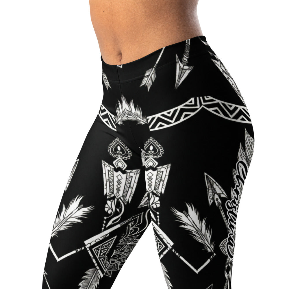 Personalisierte Damen Sportleggings Schwarz Weiß Ethno Muster Pfeile Federn Fitness Yoga Leggings C706