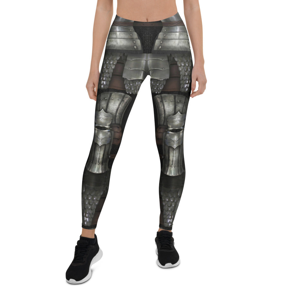 Personalisierte Damen Sportleggings Rüstung Design Silber Schwarz Fitness Leggings Mittelalter Optik H091