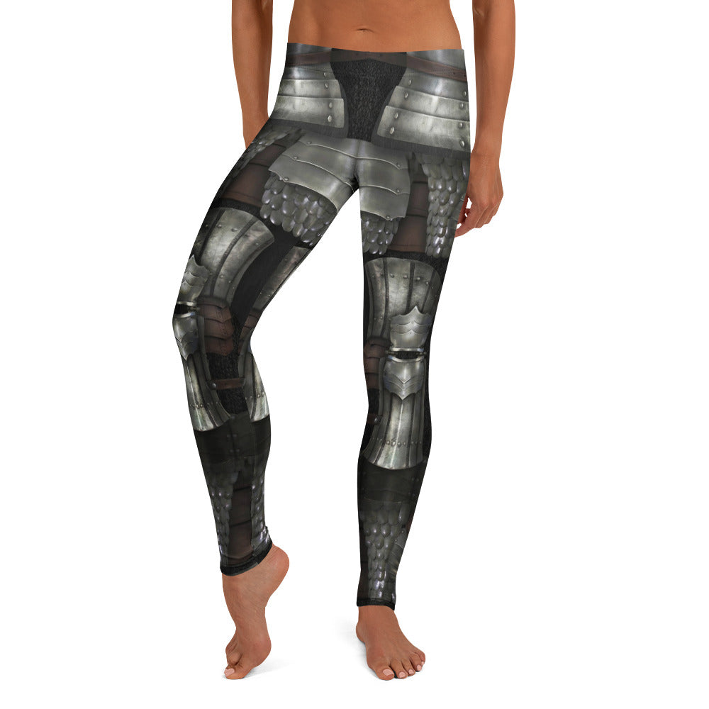 Personalisierte Damen Sportleggings Rüstung Design Silber Schwarz Fitness Leggings Mittelalter Optik H091
