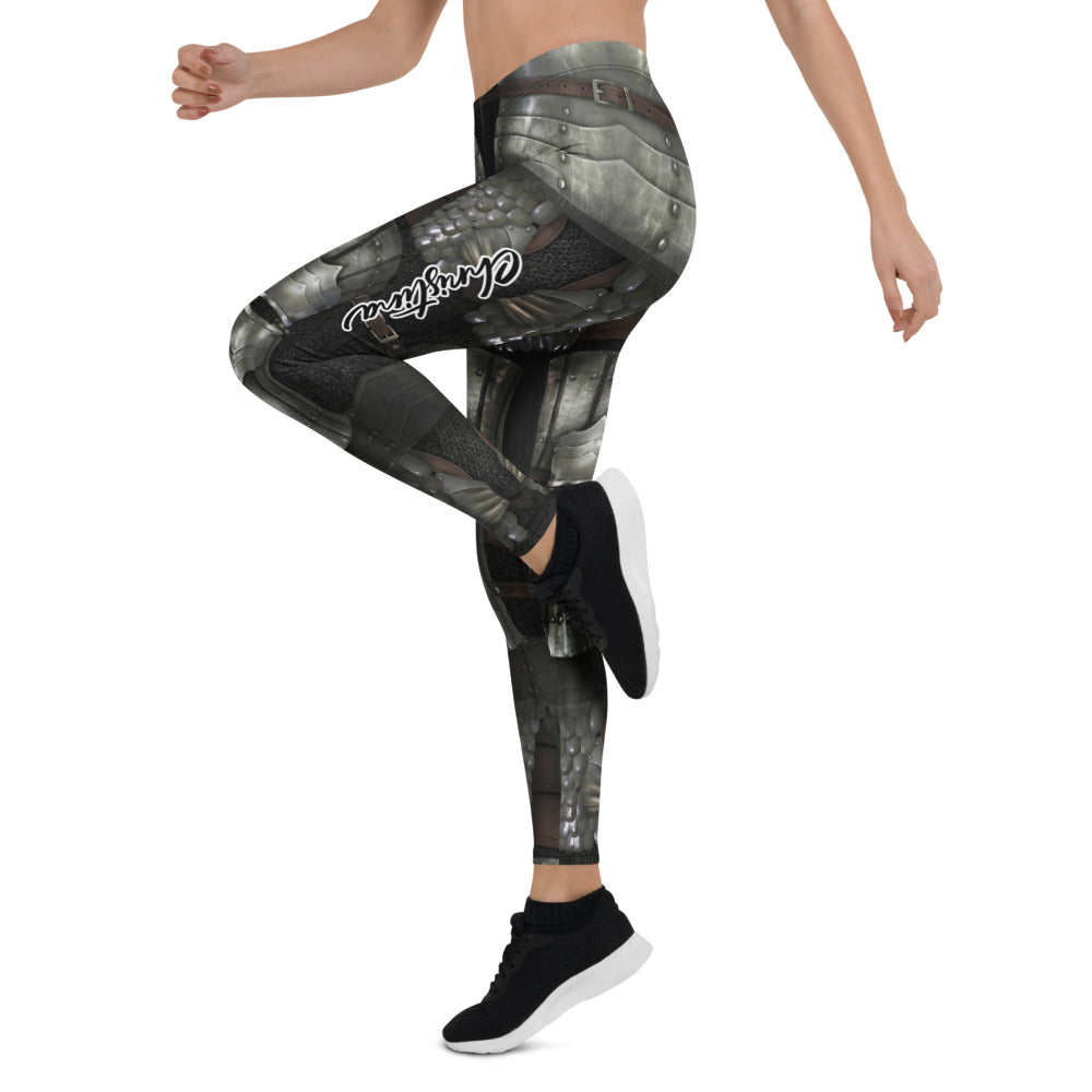 Personalisierte Damen Sportleggings Rüstung Design Silber Schwarz Fitness Leggings Mittelalter Optik H091