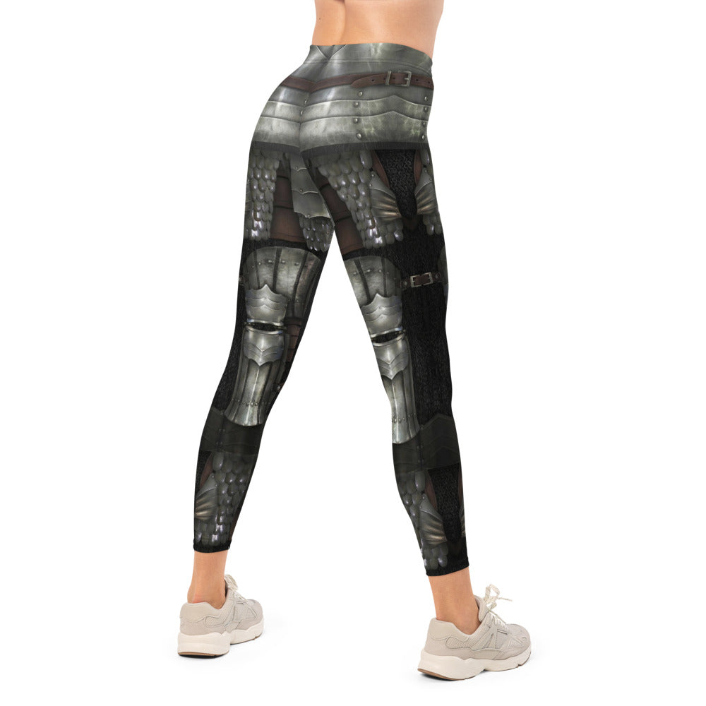 Personalisierte Damen Sportleggings Rüstung Design Silber Schwarz Fitness Leggings Mittelalter Optik H091