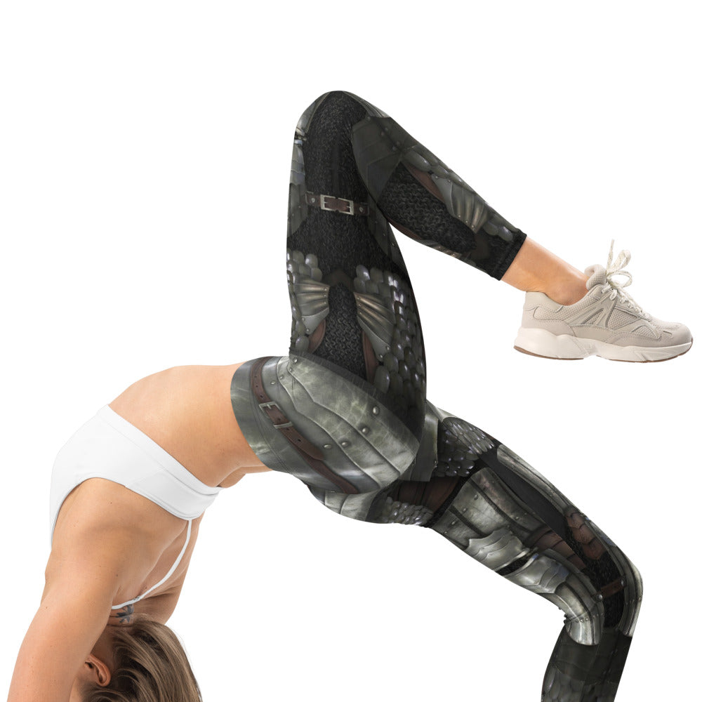 Personalisierte Damen Sportleggings Rüstung Design Silber Schwarz Fitness Leggings Mittelalter Optik H091