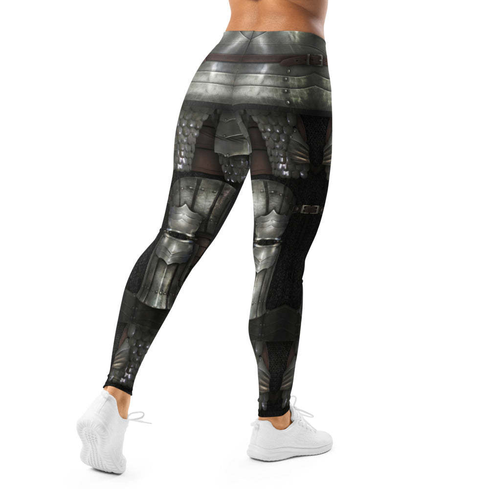Personalisierte Damen Sportleggings Rüstung Design Silber Schwarz Fitness Leggings Mittelalter Optik H091