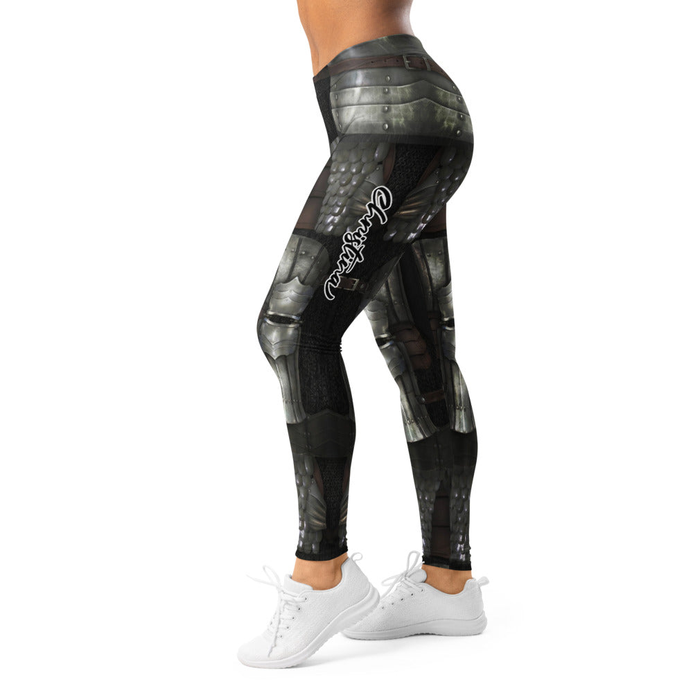 Personalisierte Damen Sportleggings Rüstung Design Silber Schwarz Fitness Leggings Mittelalter Optik H091