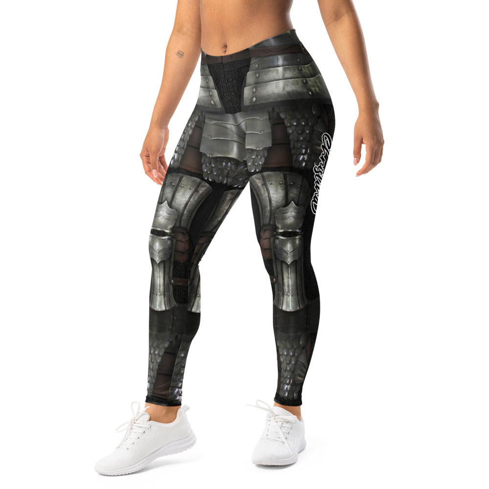 Personalisierte Damen Sportleggings Rüstung Design Silber Schwarz Fitness Leggings Mittelalter Optik H091