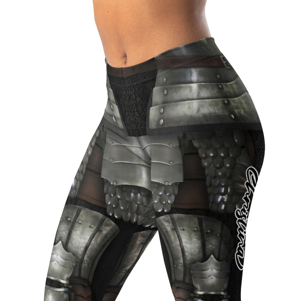Personalisierte Damen Sportleggings Rüstung Design Silber Schwarz Fitness Leggings Mittelalter Optik H091