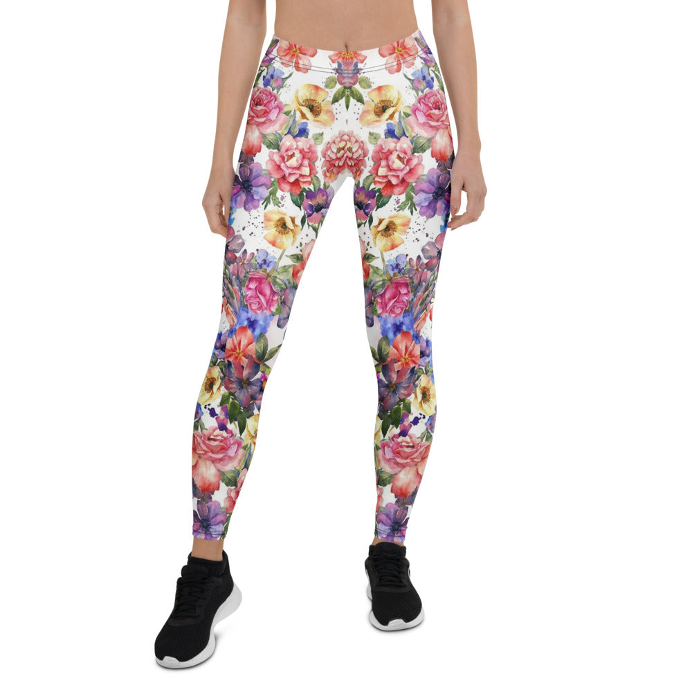 Personalisierte Damen Sportleggings Blumenmuster Aquarell Design Weiß Bunt Fitness Yoga Leggings I000