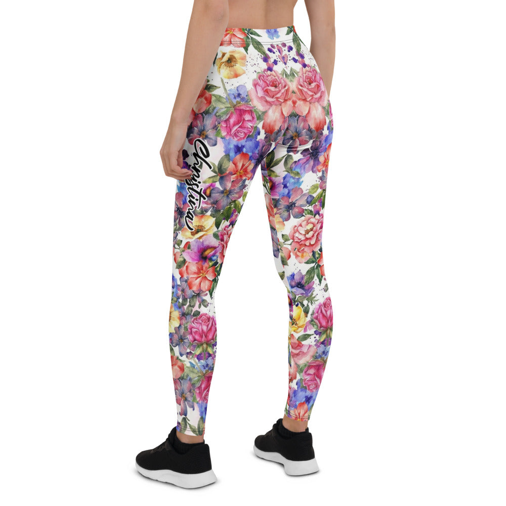 Personalisierte Damen Sportleggings Blumenmuster Aquarell Design Weiß Bunt Fitness Yoga Leggings I000