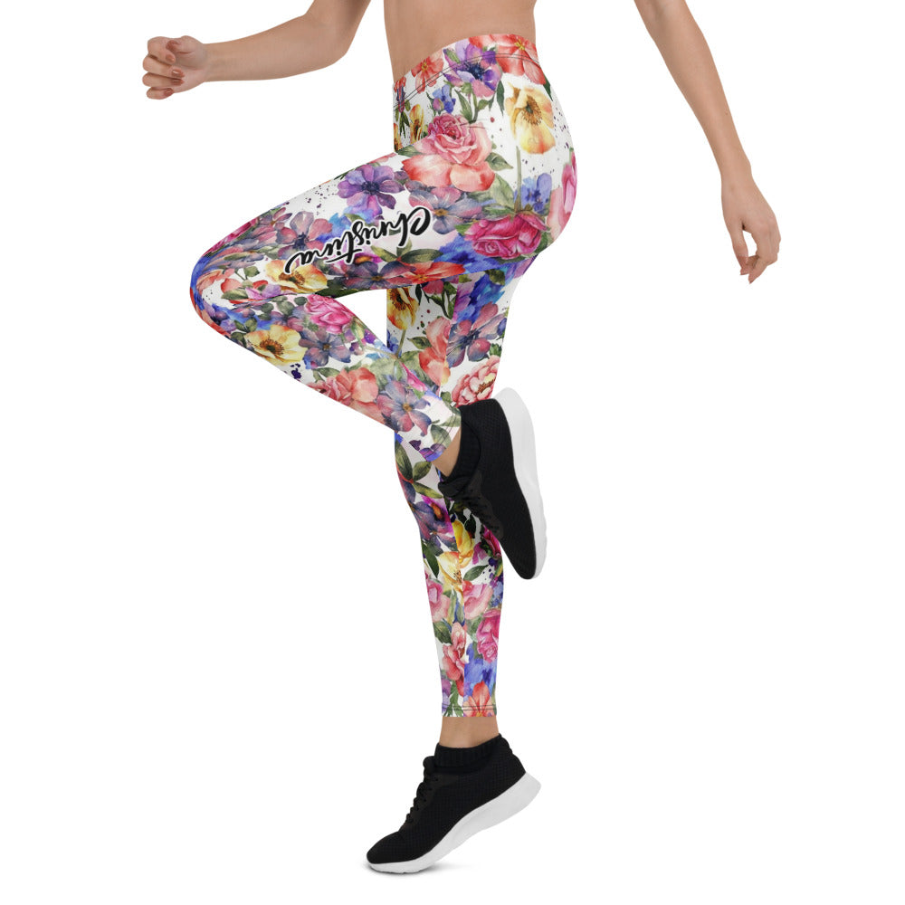 Personalisierte Damen Sportleggings Blumenmuster Aquarell Design Weiß Bunt Fitness Yoga Leggings I000