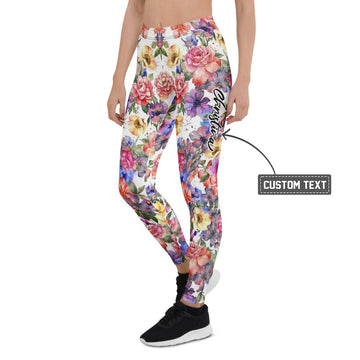 Personalisierte Damen Sportleggings Blumenmuster Aquarell Design Weiß Bunt Fitness Yoga Leggings I000 - XL