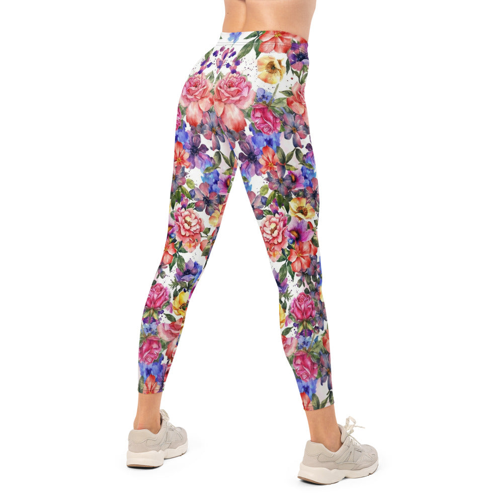 Personalisierte Damen Sportleggings Blumenmuster Aquarell Design Weiß Bunt Fitness Yoga Leggings I000