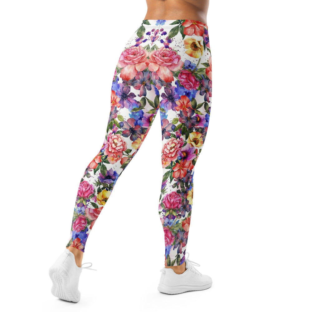 Personalisierte Damen Sportleggings Blumenmuster Aquarell Design Weiß Bunt Fitness Yoga Leggings I000