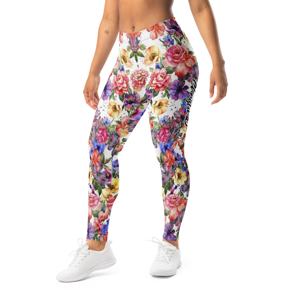 Personalisierte Damen Sportleggings Blumenmuster Aquarell Design Weiß Bunt Fitness Yoga Leggings I000