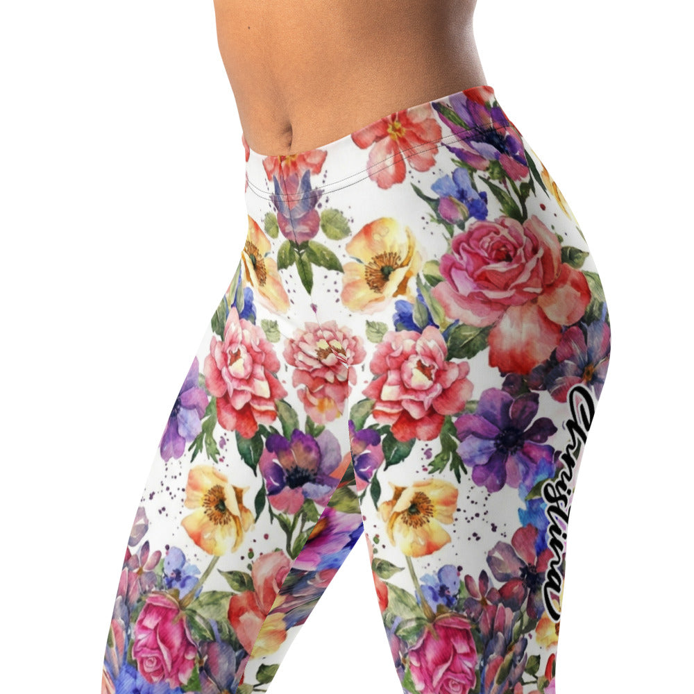 Personalisierte Damen Sportleggings Blumenmuster Aquarell Design Weiß Bunt Fitness Yoga Leggings I000