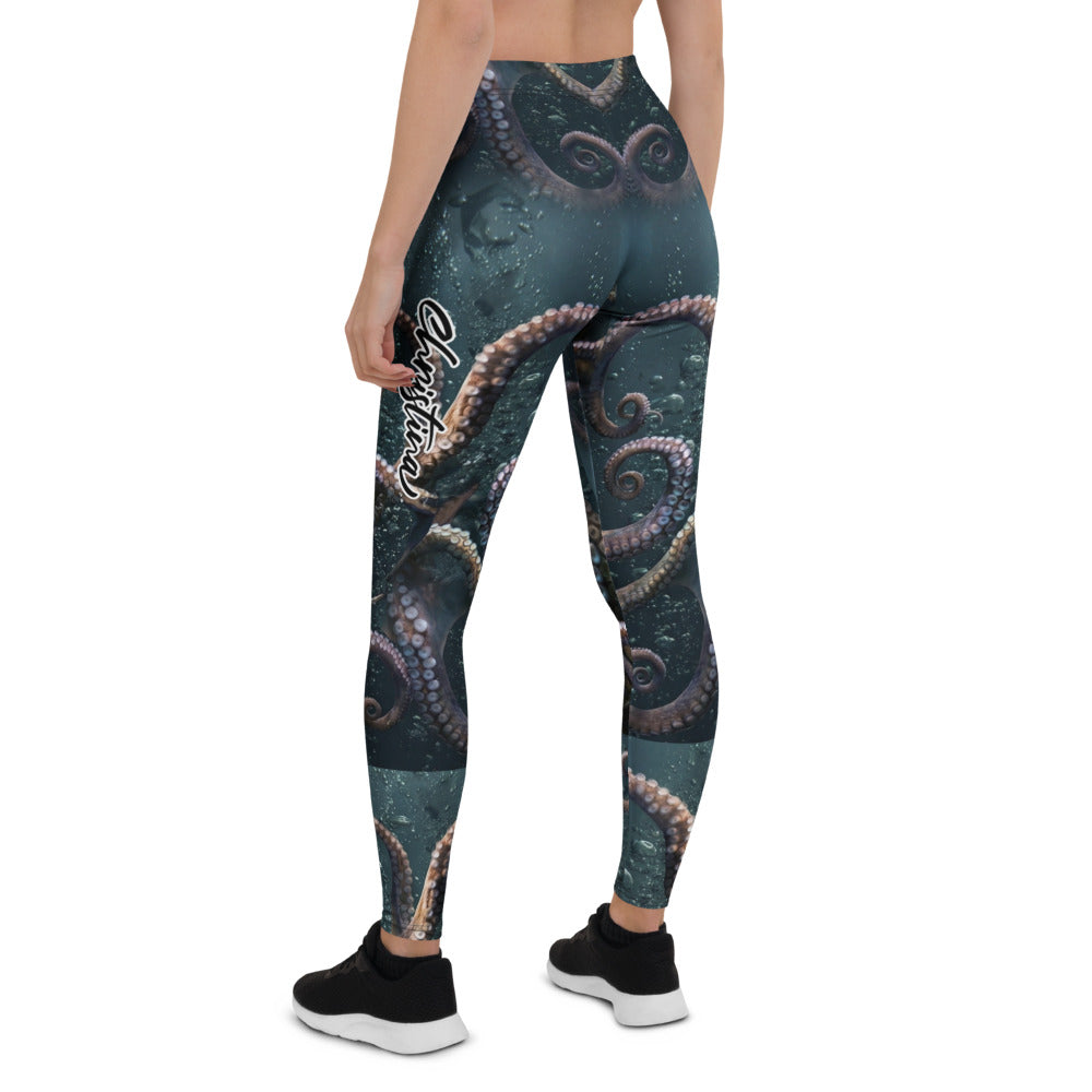Personalisierte Sportleggings Damen Kraken Design Tentakel Motiv Fitness Leggings Dunkelblau Schwarz L570