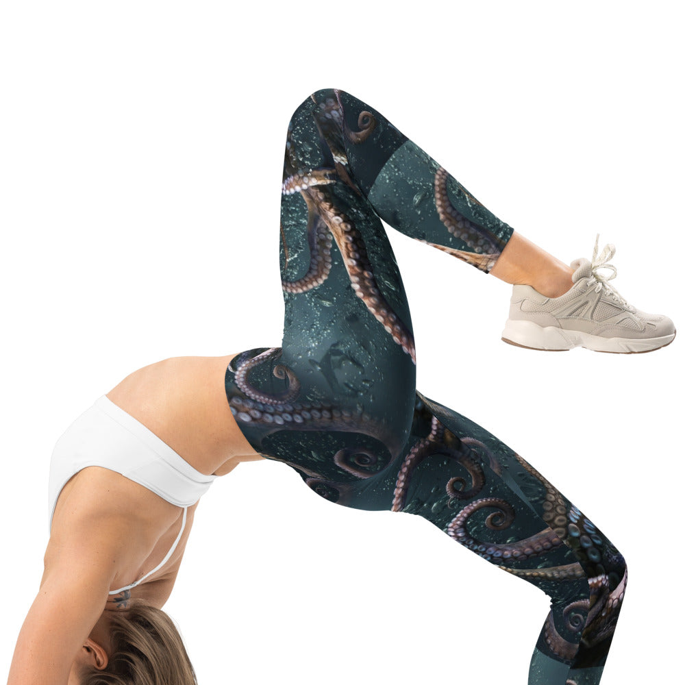 Personalisierte Sportleggings Damen Kraken Design Tentakel Motiv Fitness Leggings Dunkelblau Schwarz L570