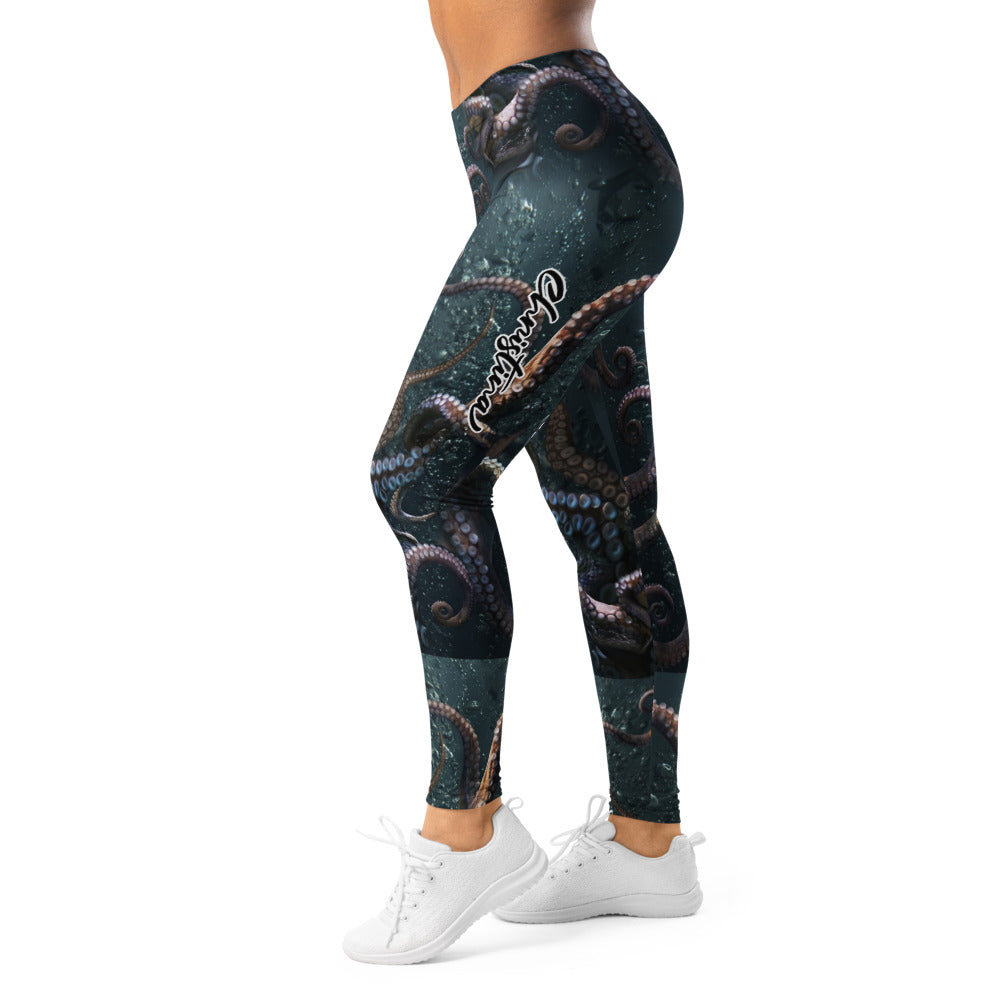 Personalisierte Sportleggings Damen Kraken Design Tentakel Motiv Fitness Leggings Dunkelblau Schwarz L570