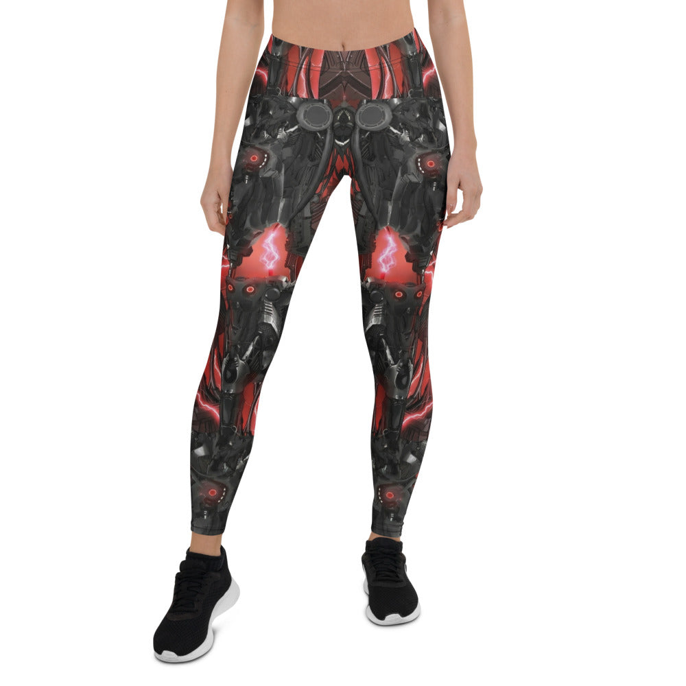 Personalisierte Damen Sportleggings Roboter Design Schwarz Rot Cyberpunk Fitnesshose Print Leggings B901