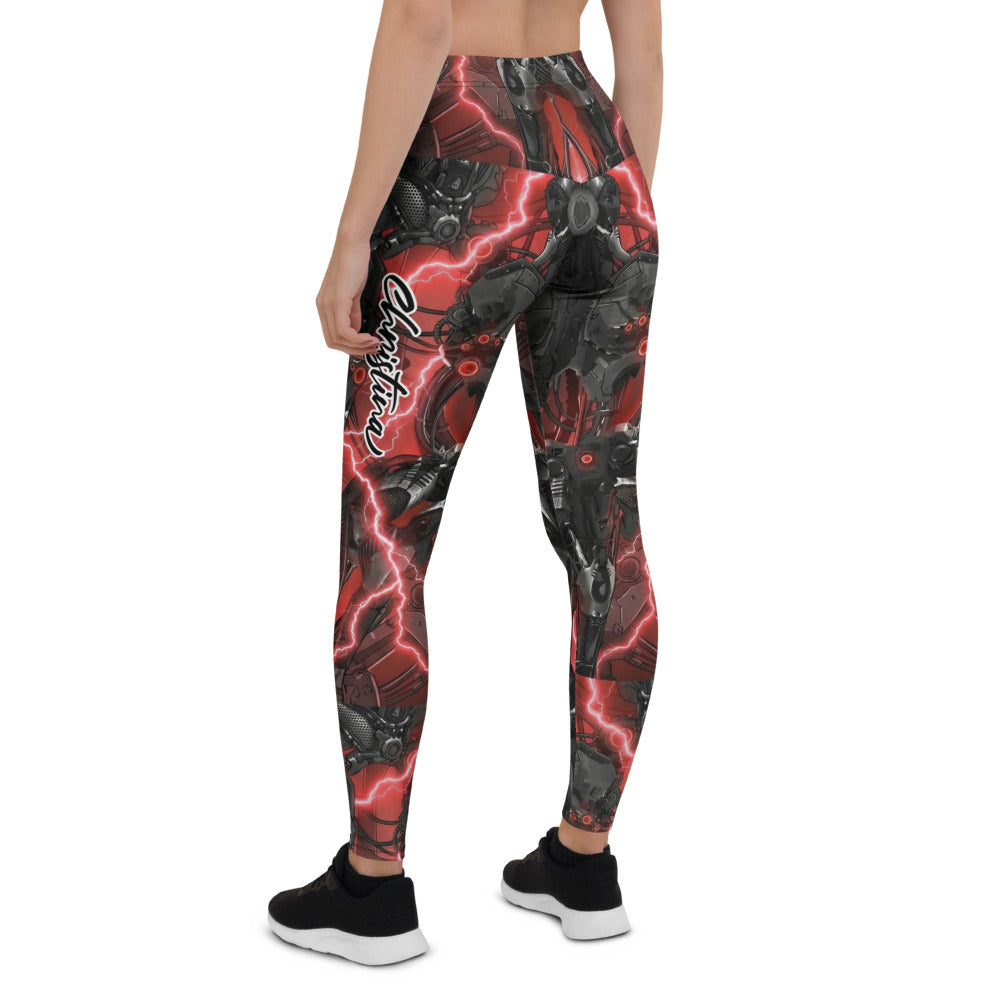 Personalisierte Damen Sportleggings Roboter Design Schwarz Rot Cyberpunk Fitnesshose Print Leggings B901