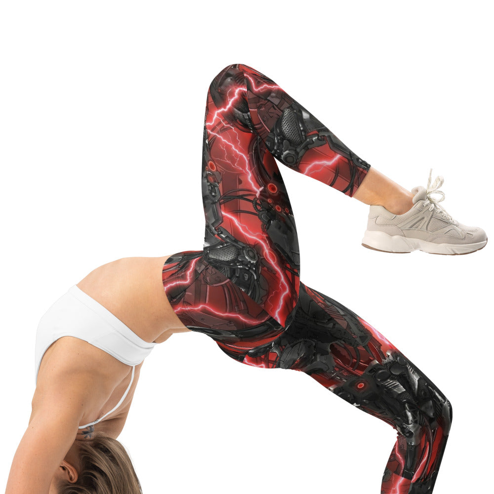 Personalisierte Damen Sportleggings Roboter Design Schwarz Rot Cyberpunk Fitnesshose Print Leggings B901